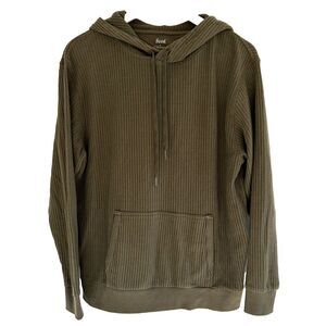 Feat Waffle Weave Hoodie Size Large Olive Green Pullover Kangaroo Pocket Knit